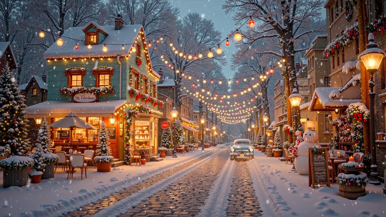 Peaceful Christmas Jazz on a Snowy European Street ❄️ Warm Café Glow & Soft Jazz for Relaxation