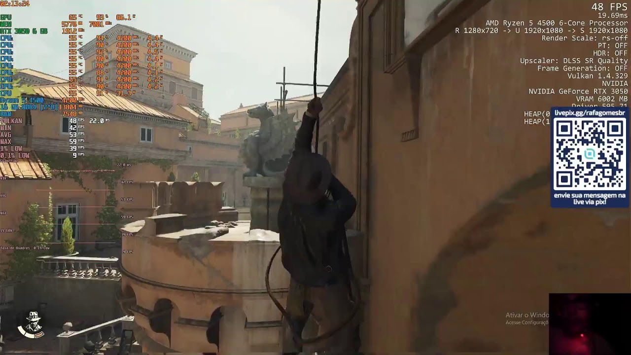Indiana Jones and The Great Circle - 1080p (DLSS Q.) - Low/Med. Tex. - RTX 3050 6 GB + R5 4500