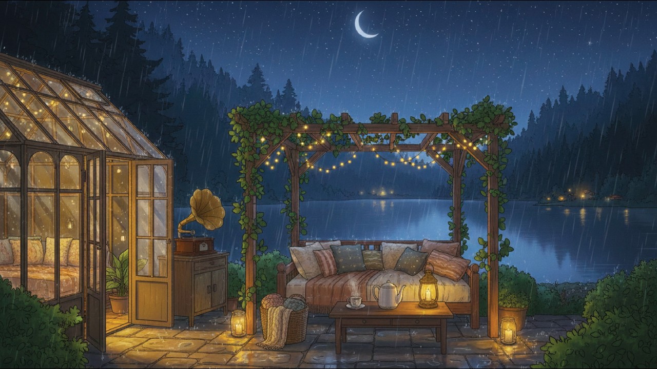 midnight tea in a glass greenhouse ~ cozy rain & fairytale vibes 🌧️