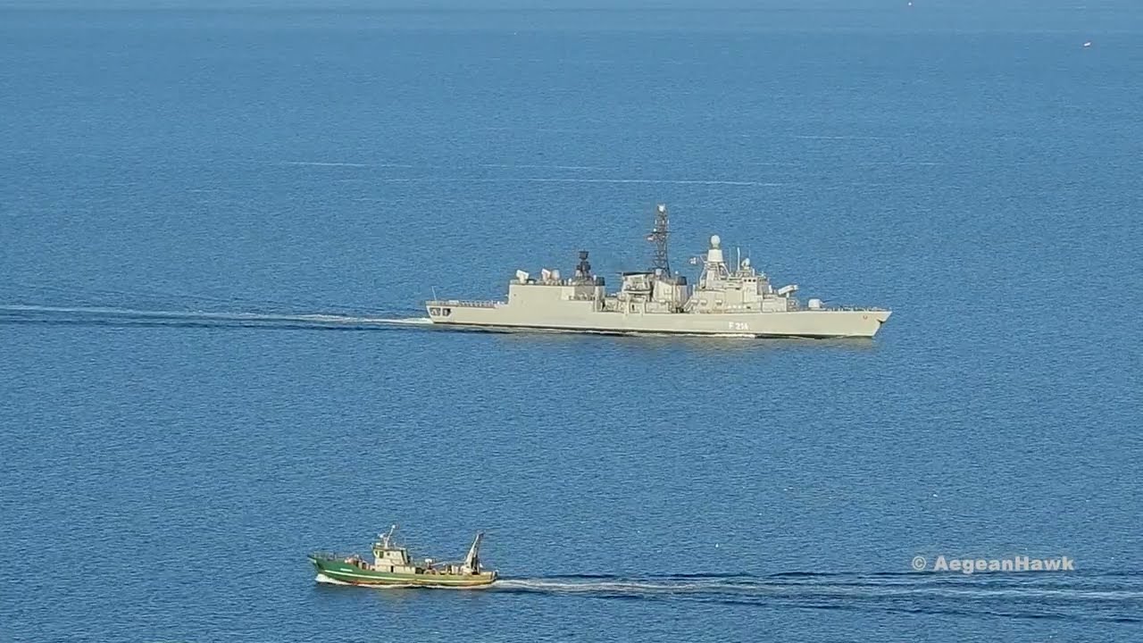 German Navy frigate F214 FGS L&uuml;beck southbound Chios Strait in east Aegean Sea.