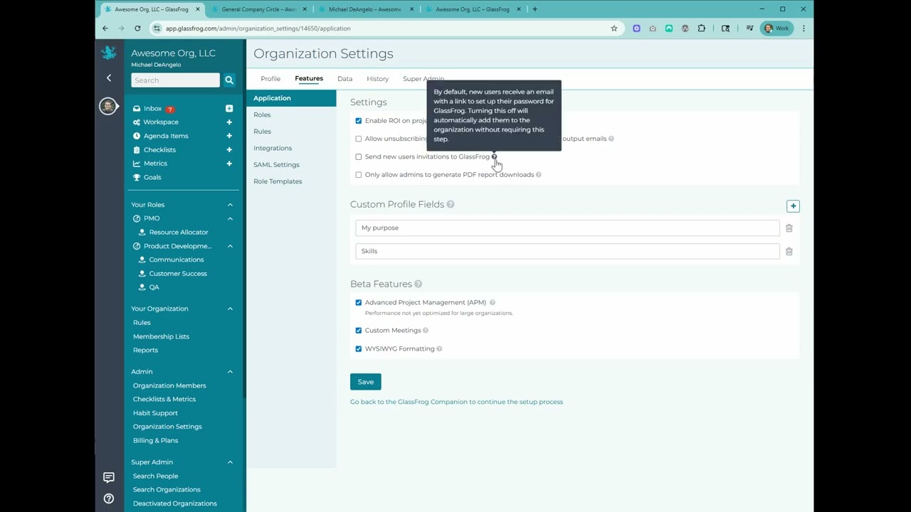 GlassFrog for Admins - Organization Settings Overview