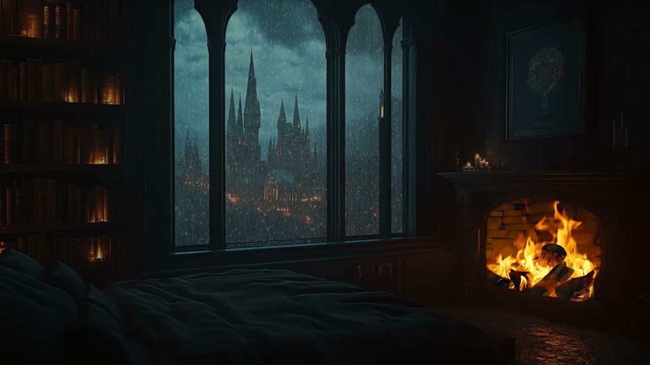 Rain Falling by Castle Window | Cozy Night Fireplace Room | Gentle Sounds for Deep Rest