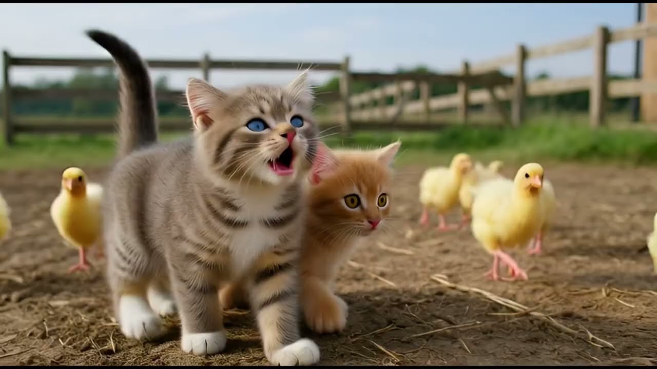 very suite heart kitten and little chicken