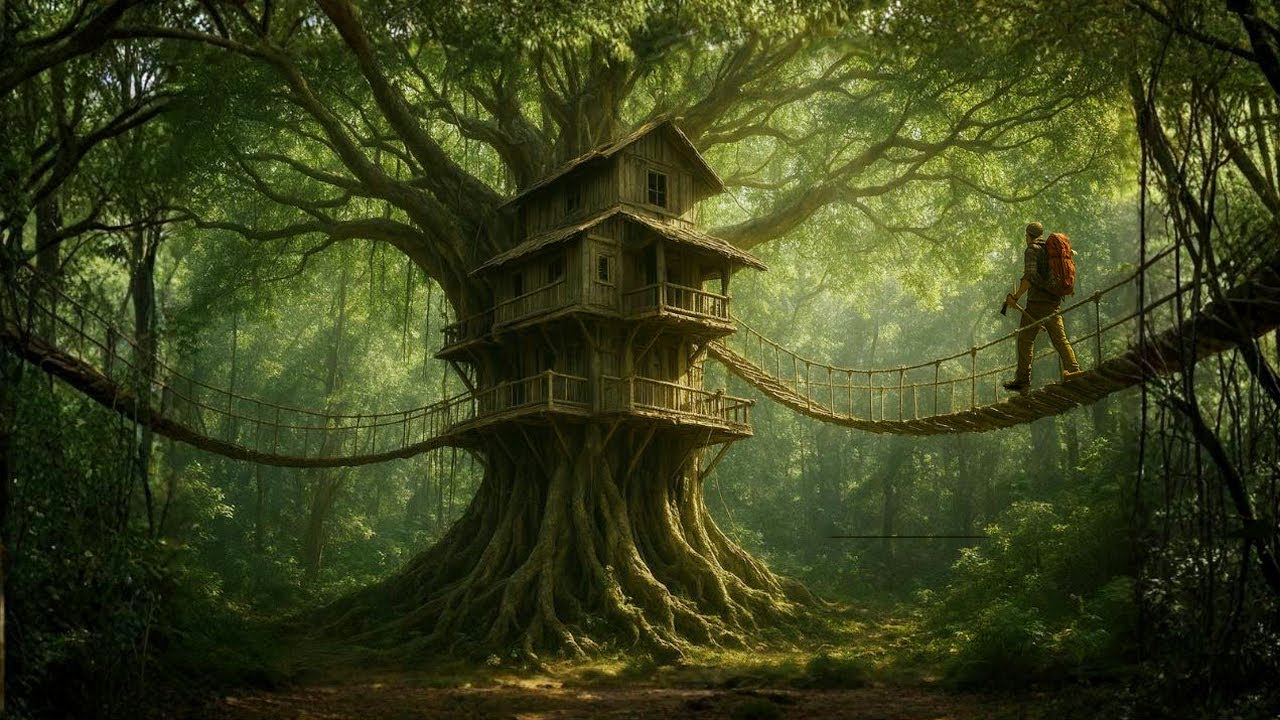 The man built a 3-story house on a giant tree. Solo Bushcraft skills