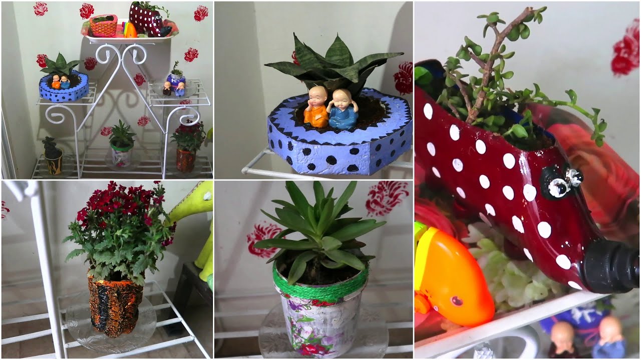 DIY 8 unique & new planters using ,  harpic bottle ,sweet box , plastic bottle , zip lock pouch