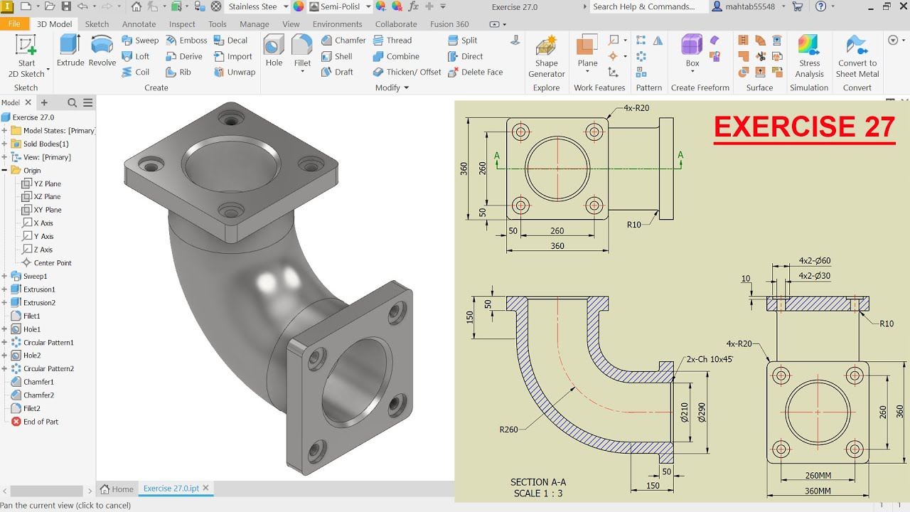 Учебное пособие по Autodesk Inventor для начинающих. Упражнение 27