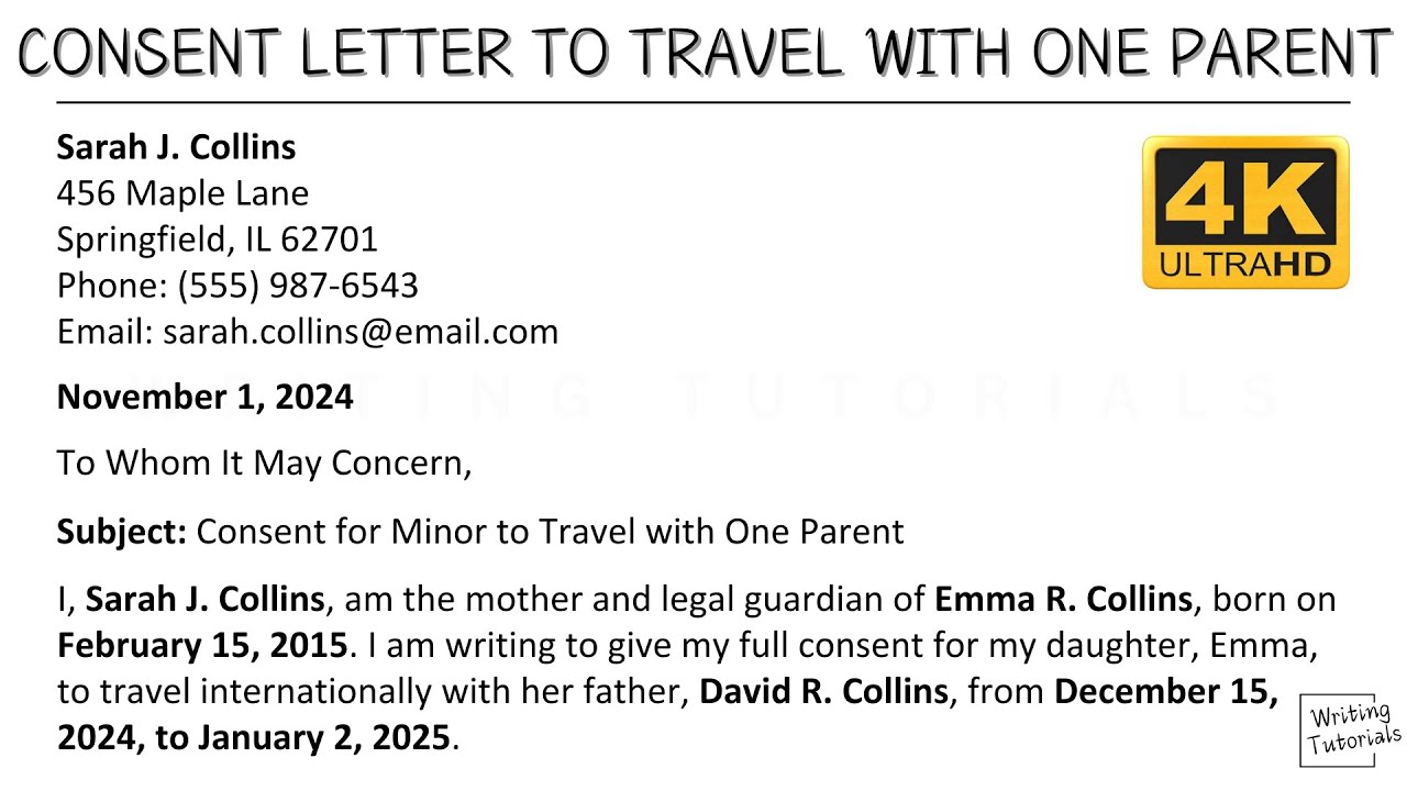 How To Write Consent Letter to Travel with One Parent with Sample and Explanation | WritingTutorials