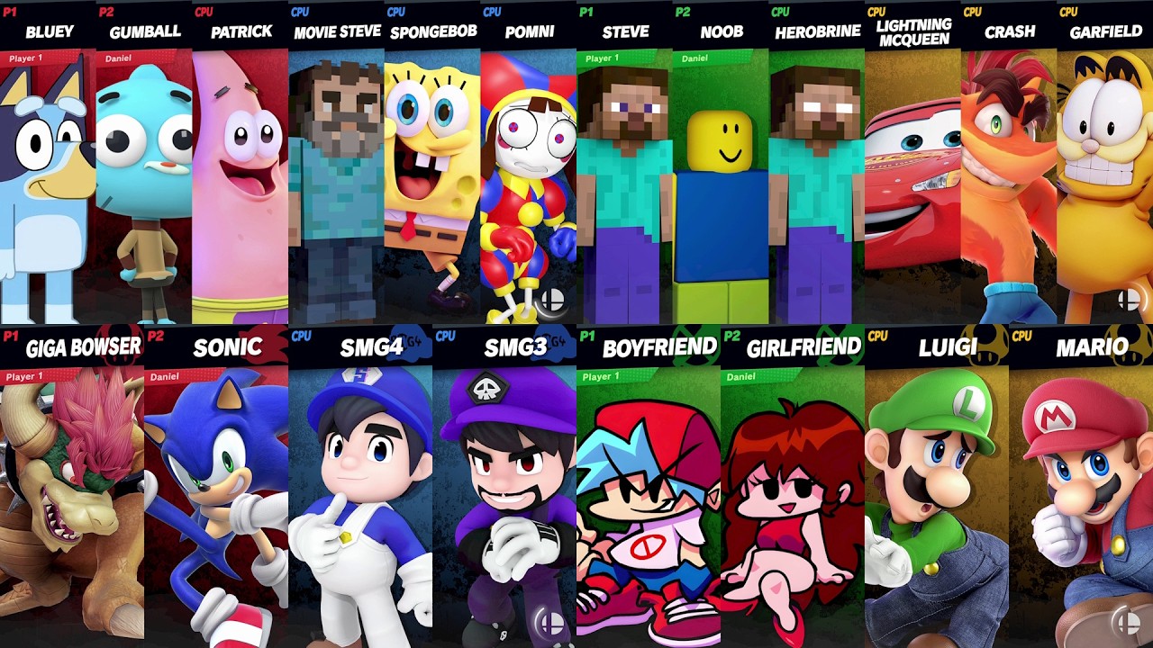 Sonic vs Mario vs Bluey vs SpongeBob vs Crash vs Roblox vs Minecraft vs Car | Super Smash Bros