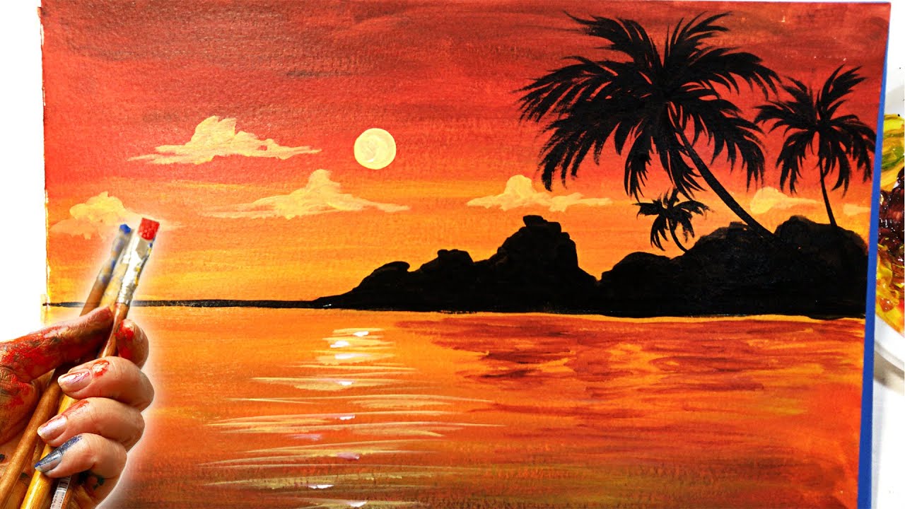 🎨COMO PINTAR UN ATARDECER SUPER FACIL / PAISAJE DE PLAYA EN UN ATARDECER
