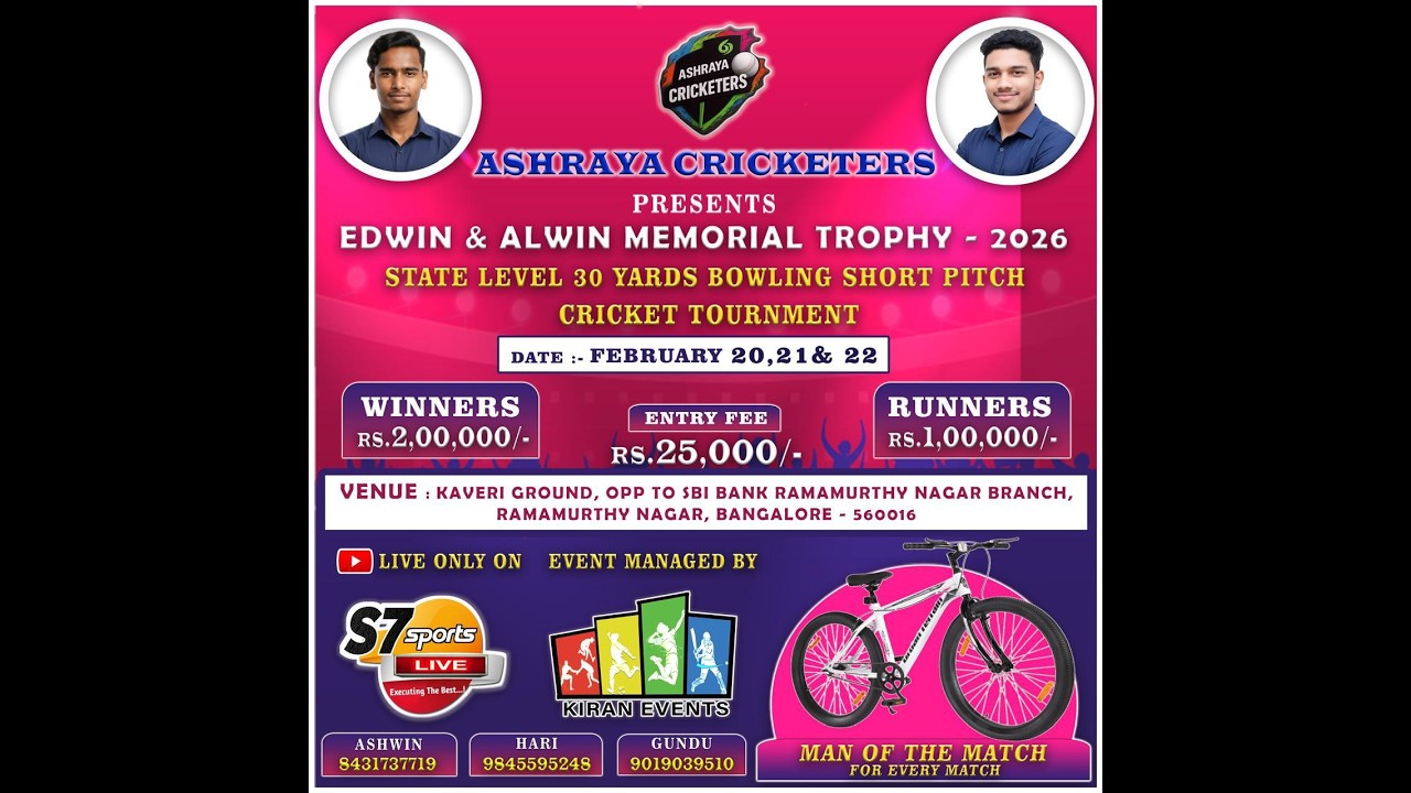 ASHRAYA CRICKETERS PRESENTS ll EDWIN ALWIN MEMORIAL TROPHYll 2026STATE LEVEL CRICKET TOURNMENT(DAY1)