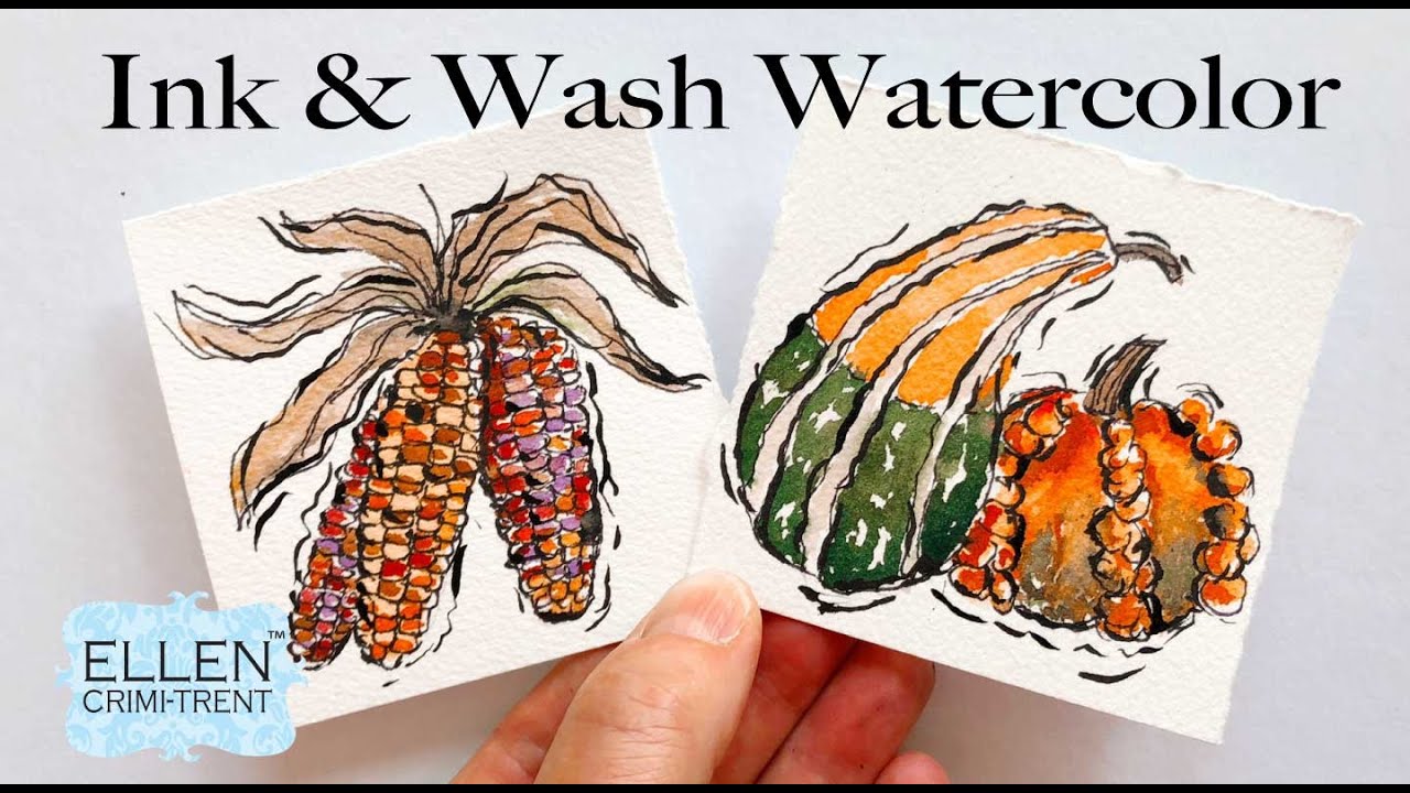 Ink & Wash Watercolor- Mini Monday gourd and Autumn corn