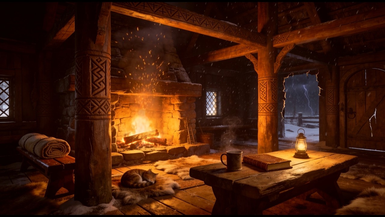 Viking Longhouse Night ⚔️🔥 | Cozy Hearth + Snowstorm & Distant Thunder | 2 Hours Sleep, Study, Relax