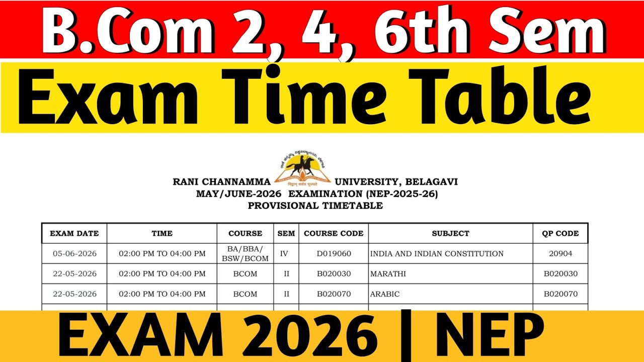 B.com 2, 4, 6th semester exam Time Table 2026 I NEP I RCUB I 
