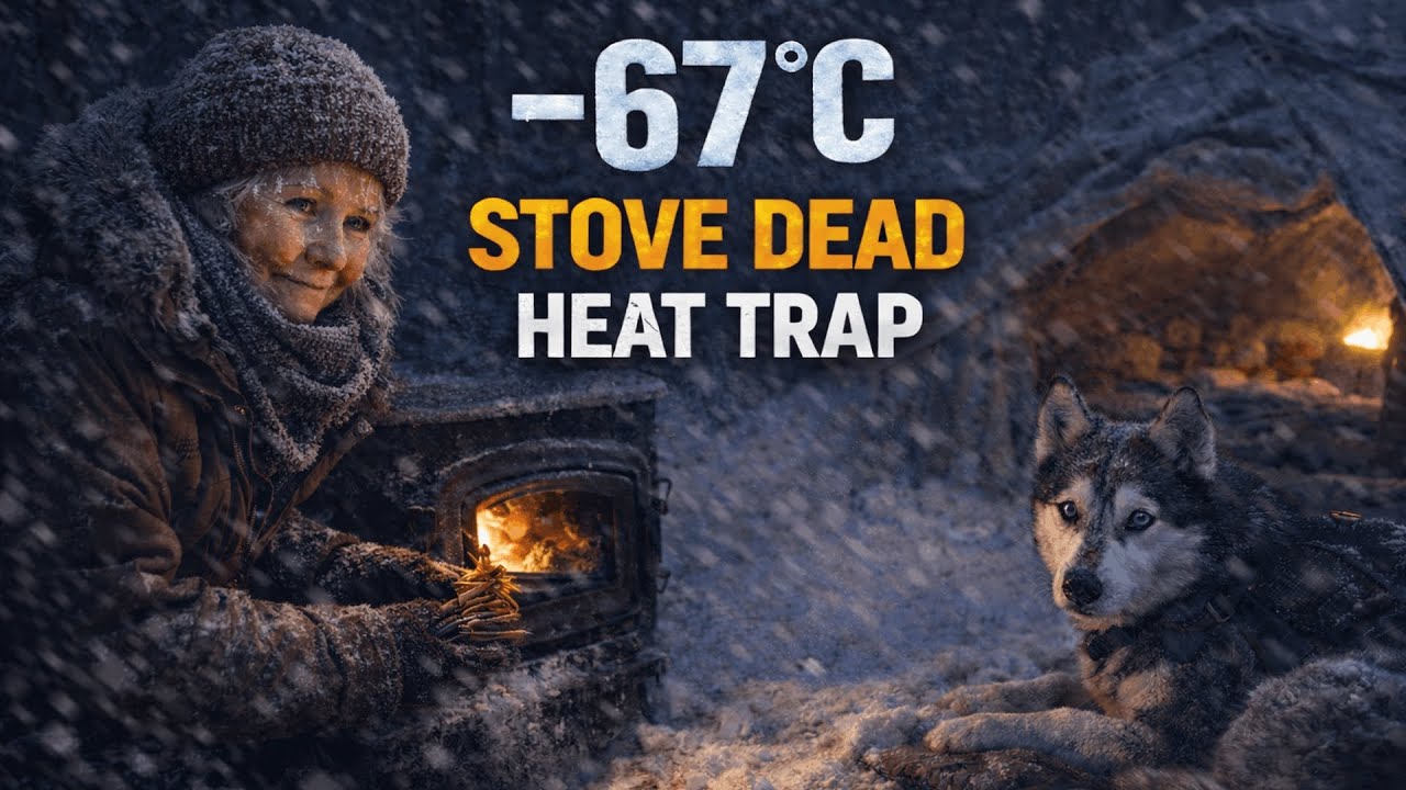 -67°C Snowstorm Night | Stove Fails—DIY Heat Trap Inside the Cabin