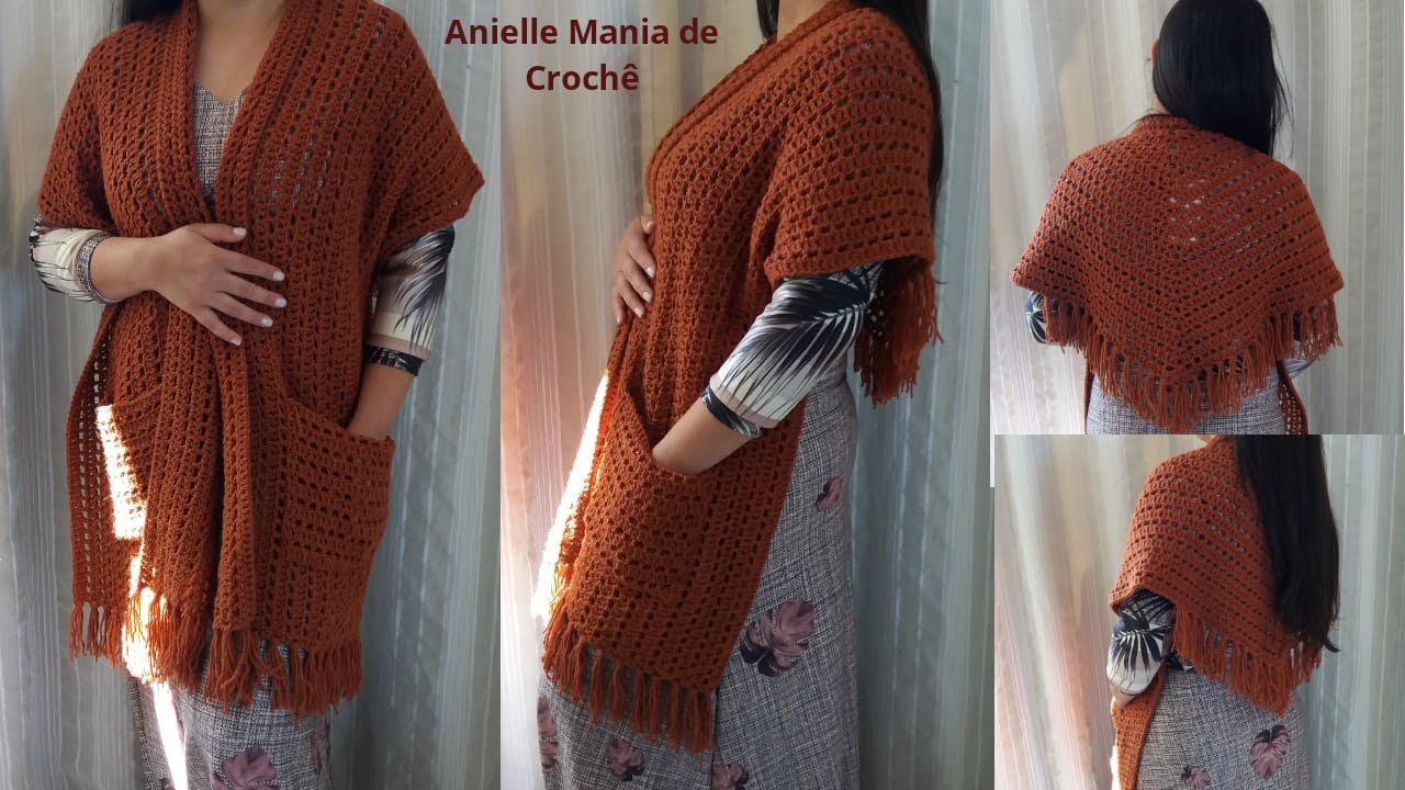 02 -  CACHECOL/PONCHO COM BOLSO EM CROCHÊ...