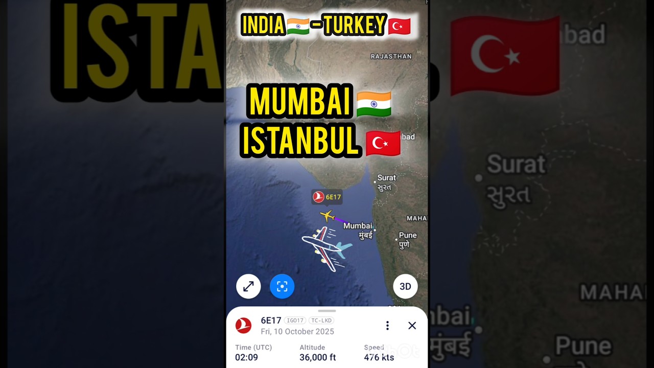 India Mumbai 🇮🇳 to Turkey Istanbul 🇹🇷 direct flight route for tour #flight #plane #aviation #turkey