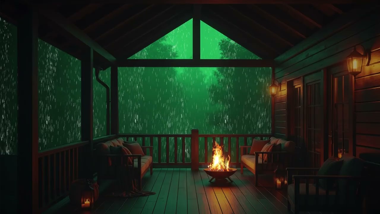 Heavy Rain Pouring Outside with Soft Fireplace Sounds for Deep Relaxation