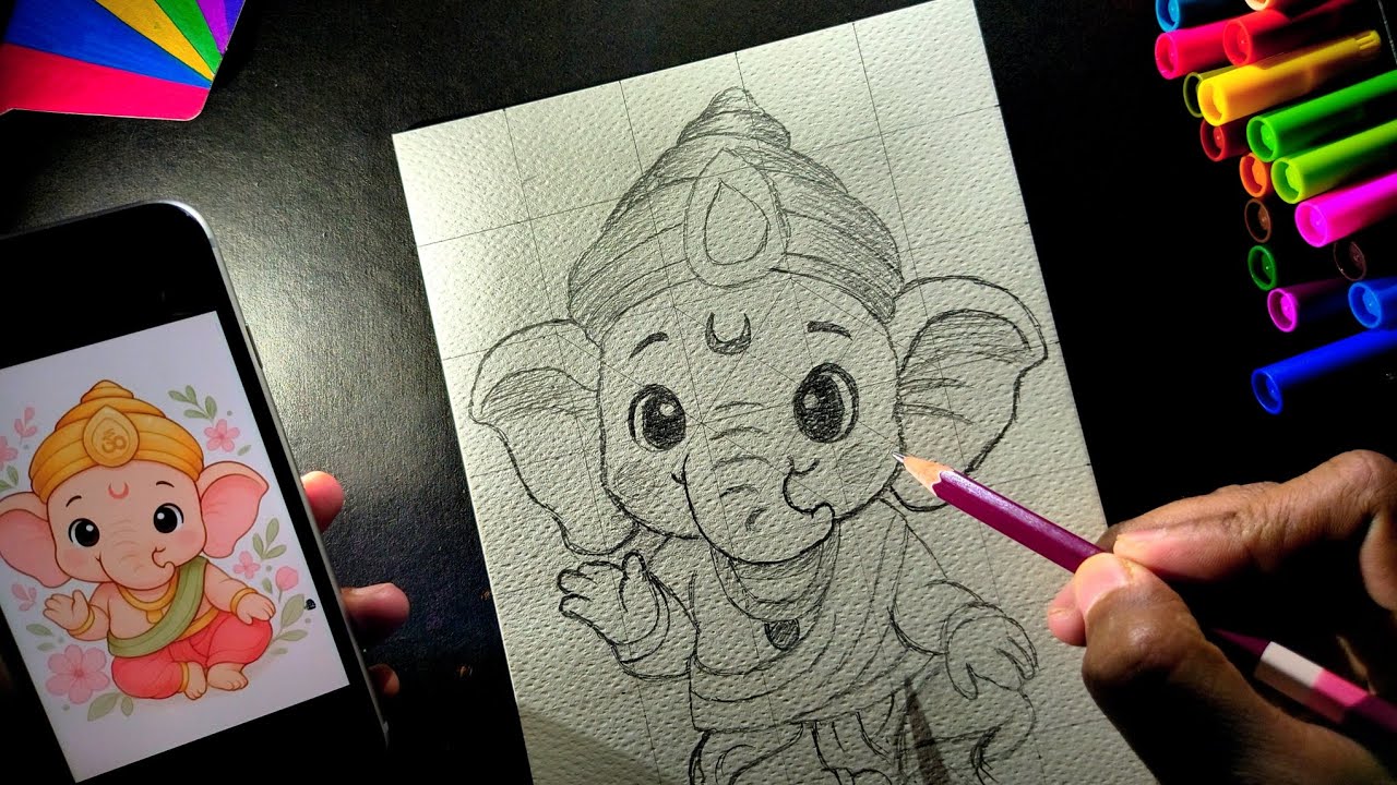 Lord Ganesha Drawing, Ganesh Ji Drawing, Outline Tutorial .