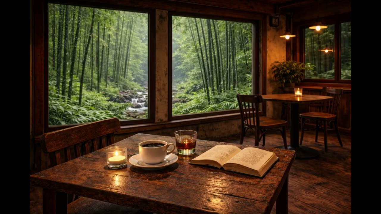 Cozy Bamboo Café Ambience 🌿 Relaxing Jazz Music with Rain for Calm Focus & Peaceful Moments