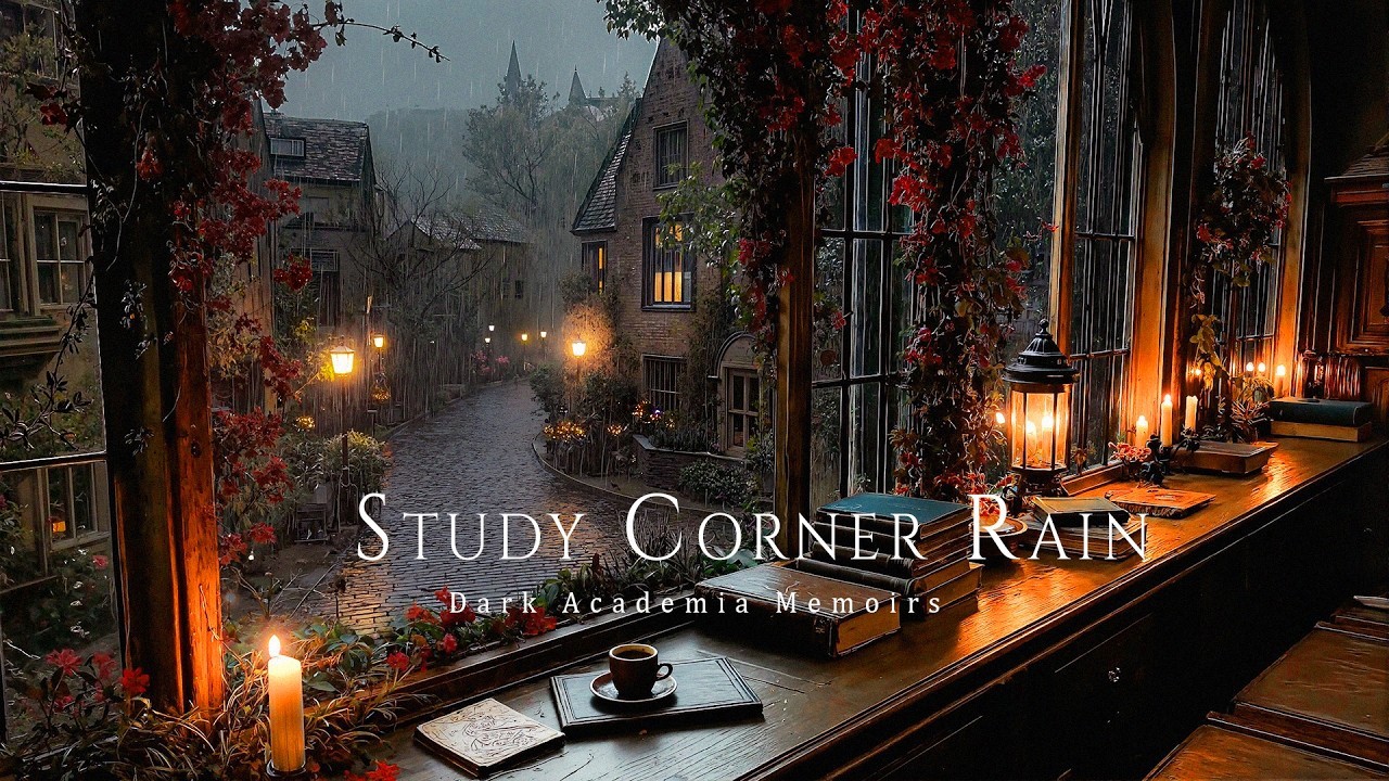Study Corner is Next to the Window with a Spring Rain Shower Pouring Down | Dark Academia Music