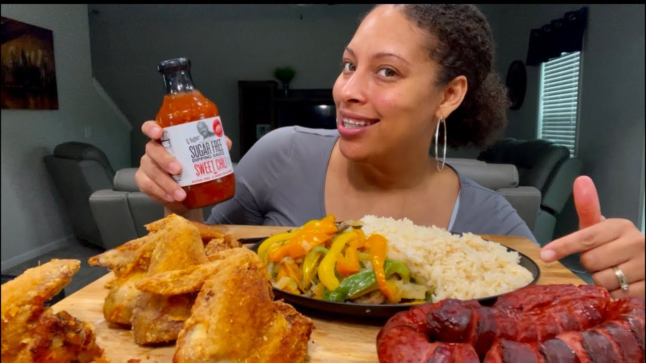 Smoked Turkey Sausage,Crispy Chicken Wings,Jasmine Rice,Peppers,Mushrooms, and Onions #asmr #mukbang