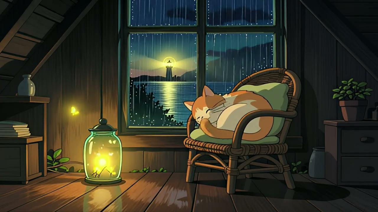 Cozy Rainy Attic with Cat & Fireflies | Soothing Lofi & Rain Sounds for Deep Sleep & Relaxation