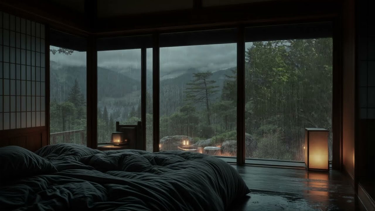 🌧️ Rainy Night in Cozy Glass Cabin | Heavy Rain, Gentle Forest & Deep Sleep Ambience 🌲✨