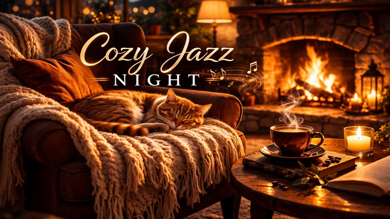 Cozy Fireplace Cafe Ambience with Cat ☕ Smooth Chill Jazz for Coffee Shops & Work (2 Hours)