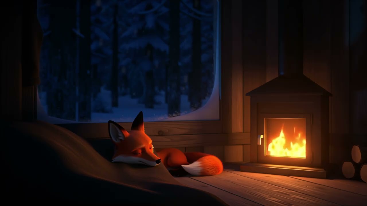 Cozy Fox Sleeping by Fireplace | Warm Cabin Sounds for Deep Sleep