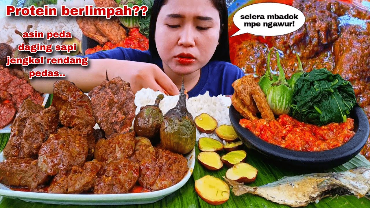 EATING BEEF RENDANG, JENGKOL, EGGPLANT, SALTED FISH, SAMBAL, RAW JENGKOL FRESH, BOILED PAPAYA LEAVES