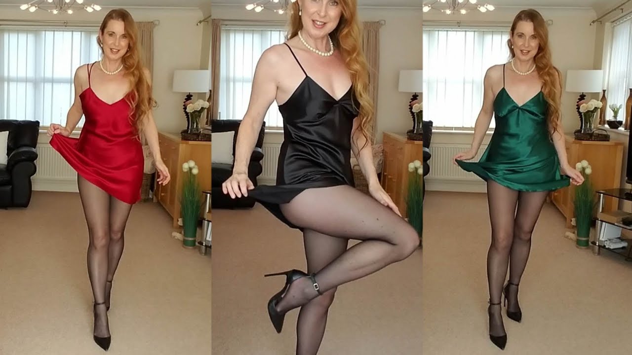 Примерка шелковой ночной рубашки с колготками Wolford~ Шэрон Дженни