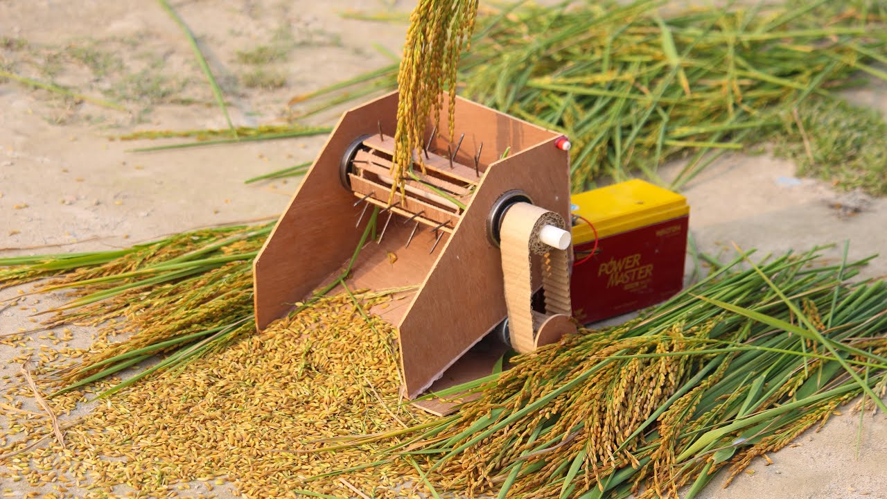 How to make Mini  Rice Thresher Machine - DIY Rice Hervester