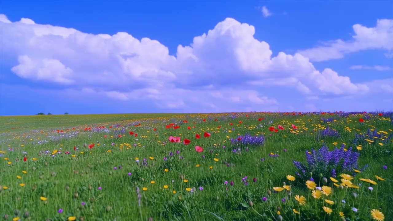 [4K 1HOUR] A Flower Field Under the Blue Sky | Vivid Nature Sounds I ASMR