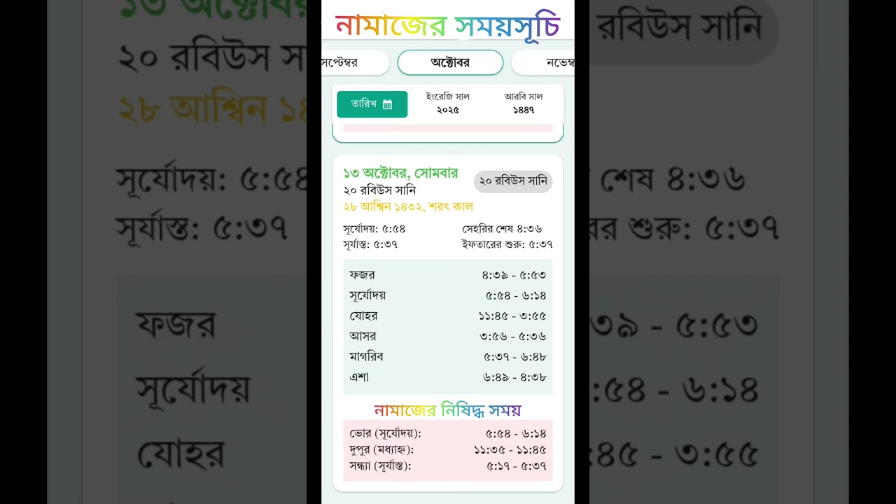 নামাজের সময়সূচি ১৩/১০/২০২৫ ঢাকা জেলা || #namaz #prayer #islam