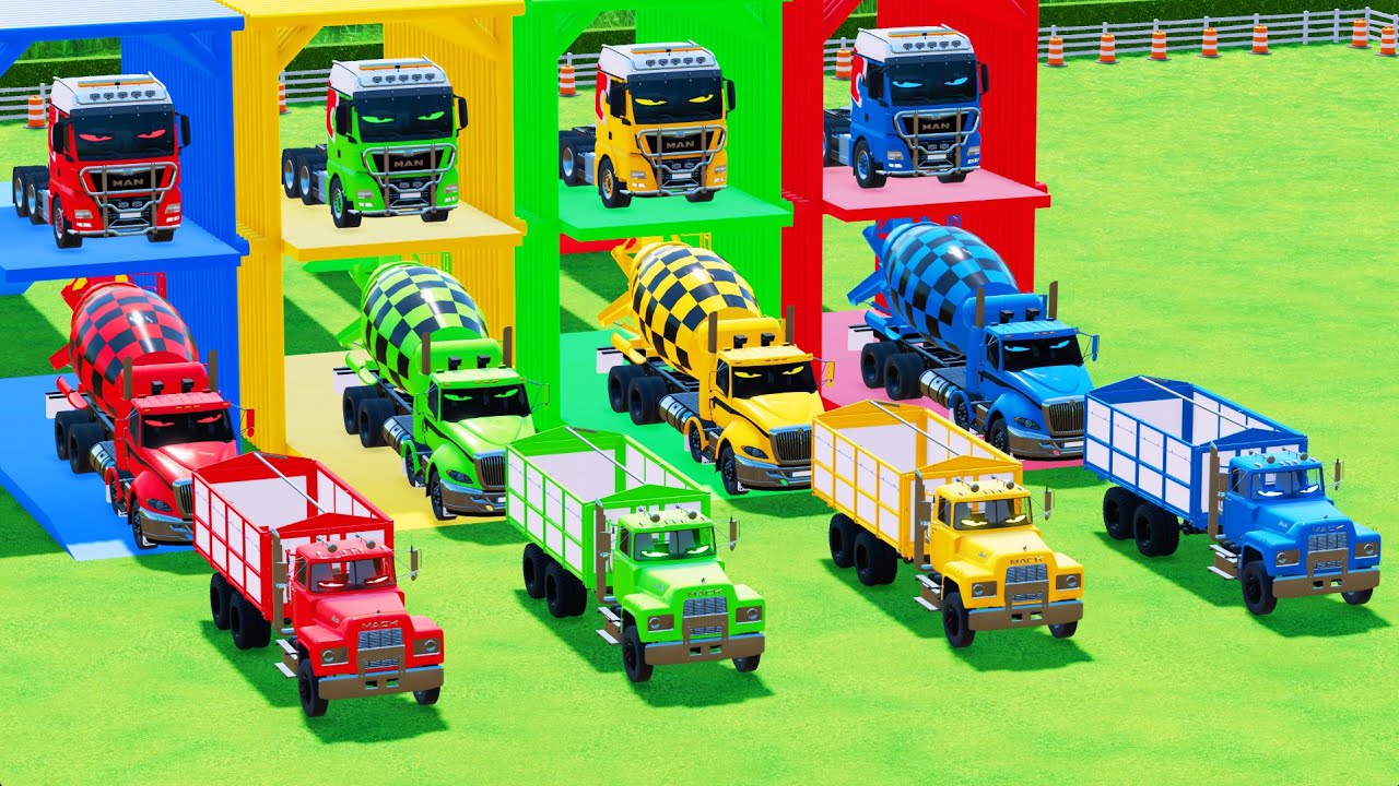 Garage with Colors - TRANSPORTING ALL MIXER TRUCK WITH DOUBLE FLATBED TRAILER TRUCK MAN, SCANIA, FAW
