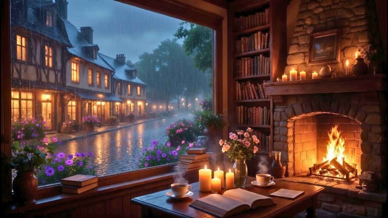 Rain on Window at Cozy Fireplace Night 🌧 Rain Sounds for Sleeping & Relaxation (12 Hours)