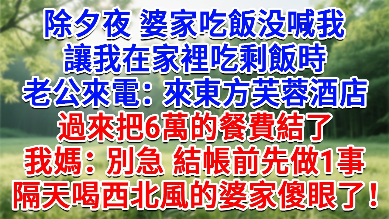 除夕夜婆家吃飯没不喊我，讓我在家裡吃剩飯時，老公來電：來東方芙蓉酒店，過來把6萬的餐費結了！我媽：別急 結帳前先做1事，隔天喝西北風的婆家傻眼了！#生活經驗#情感故事#故事#小說#戀愛#情感#婚姻