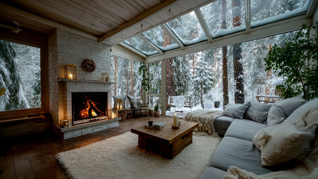 Crackling Fireplace & Gentle Snowfall | Warm Winter Cabin Sounds for Deep Relaxation and Sleep
