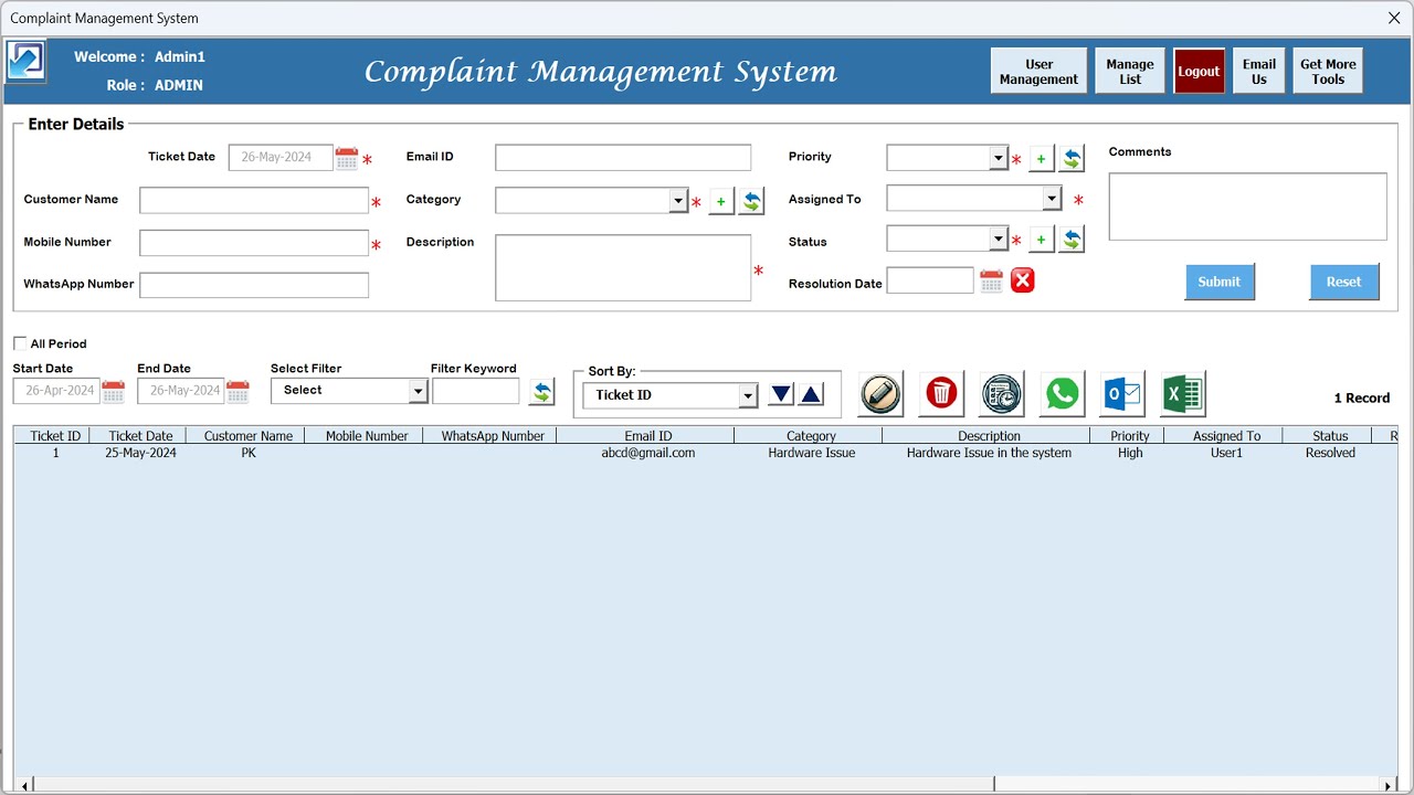 Complaint Management System V1.0 in Excel