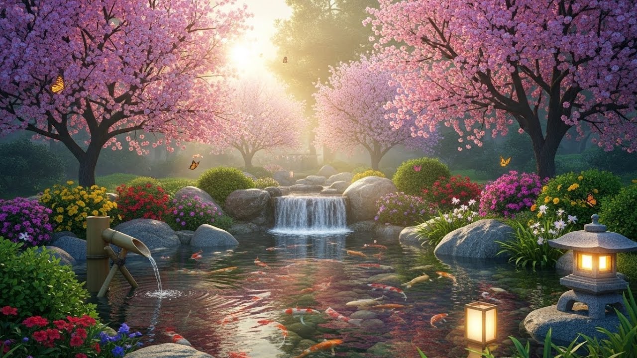 	🌸 Relaxing Garden Waterfall | Cherry Blossom & Peaceful Nature Sounds (4K)