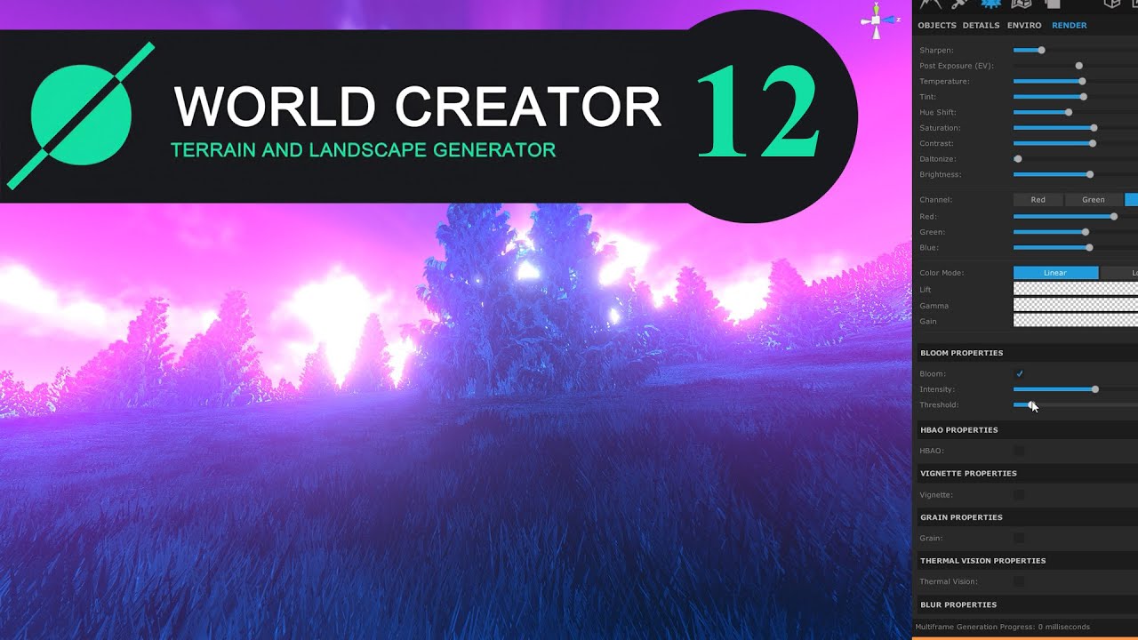 World Creator 2. Render settings :Color Grading, HBAO, Bloom, Chromatic Abberation, DOF and etc.