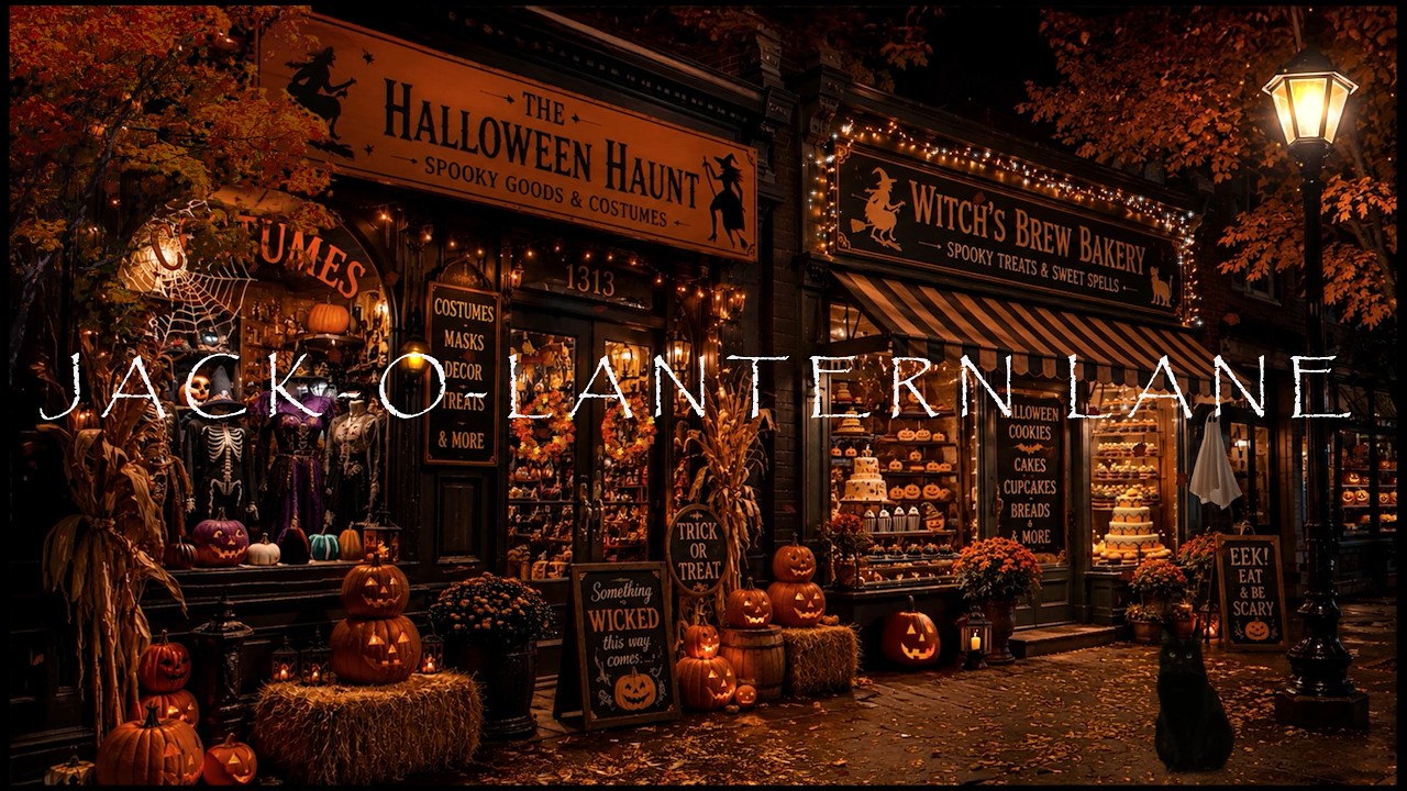 JACK-O-LANTERN LANE-HALLOWEEN AMBIENCE-COSTUME SHOP-WITCHES BREW BAKERY-FALLING LEAVES-BLACK CAT