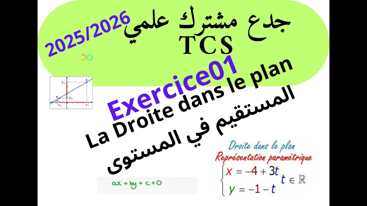 جدع مشترك علمي maths  :تمرين رقم 1  المستقيم في المستوى Exercice n1 la droite dans le plan