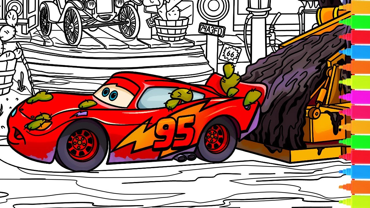 Coloring Disney Pixar Cars - Lightning McQueen, Bessie, Tow Mater and Gift Basket | Coloring Pages