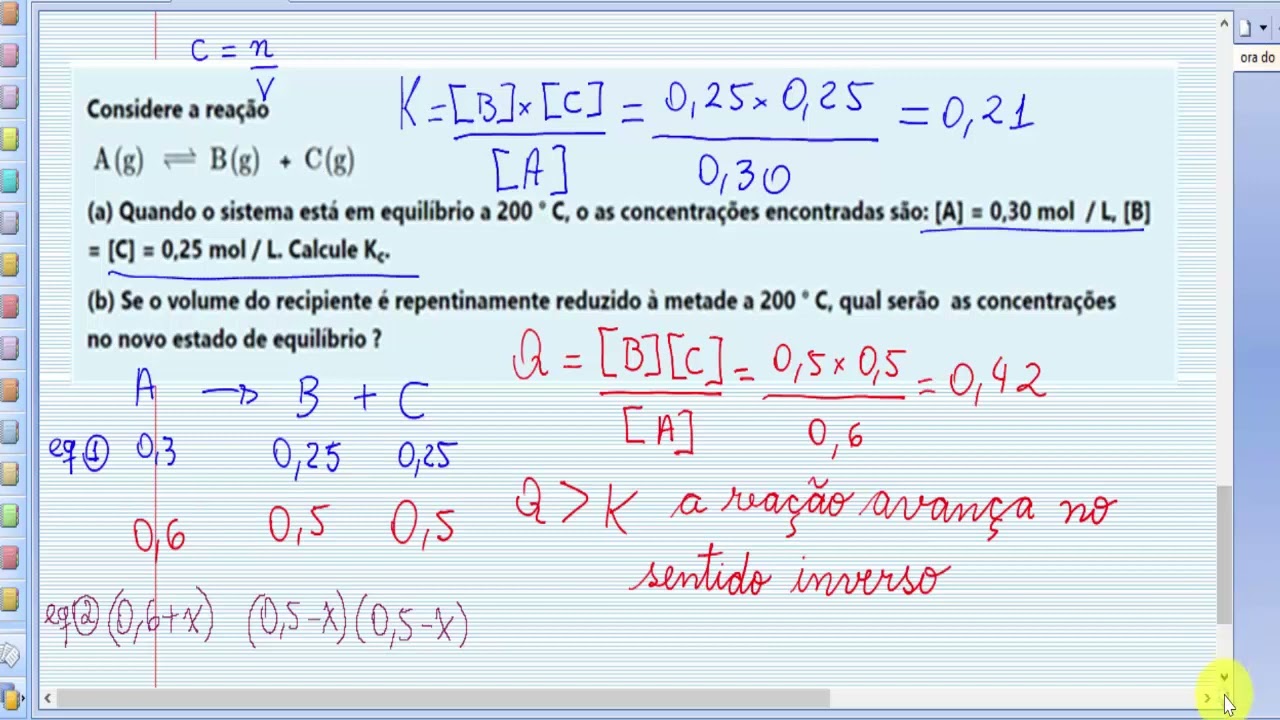 Cálculos de equilíbrio químico: perturbação do equilíbrio e princípio de Le Chatelier - cálculos