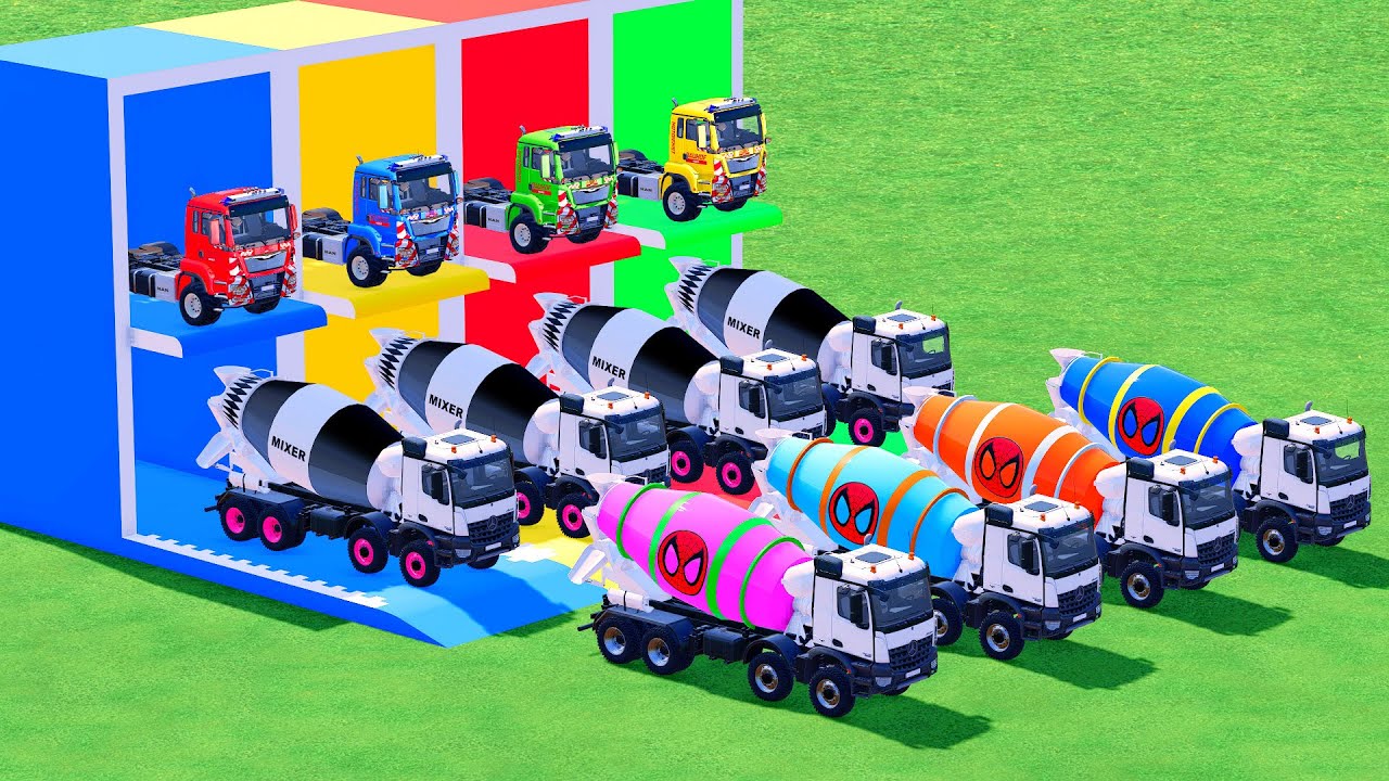 Garage with Colors - ALL MIXER TRUCK WITH DOUBLE FLATBED TRAILER TRUCK, IVECO, VOLVO, RENAULT, CAT