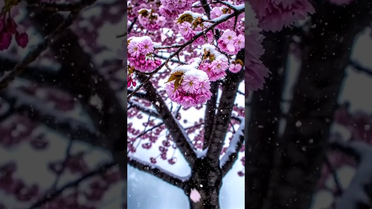 A cherry blossom tree covered in soft pink blooms, surrounded by gentle winter mist 