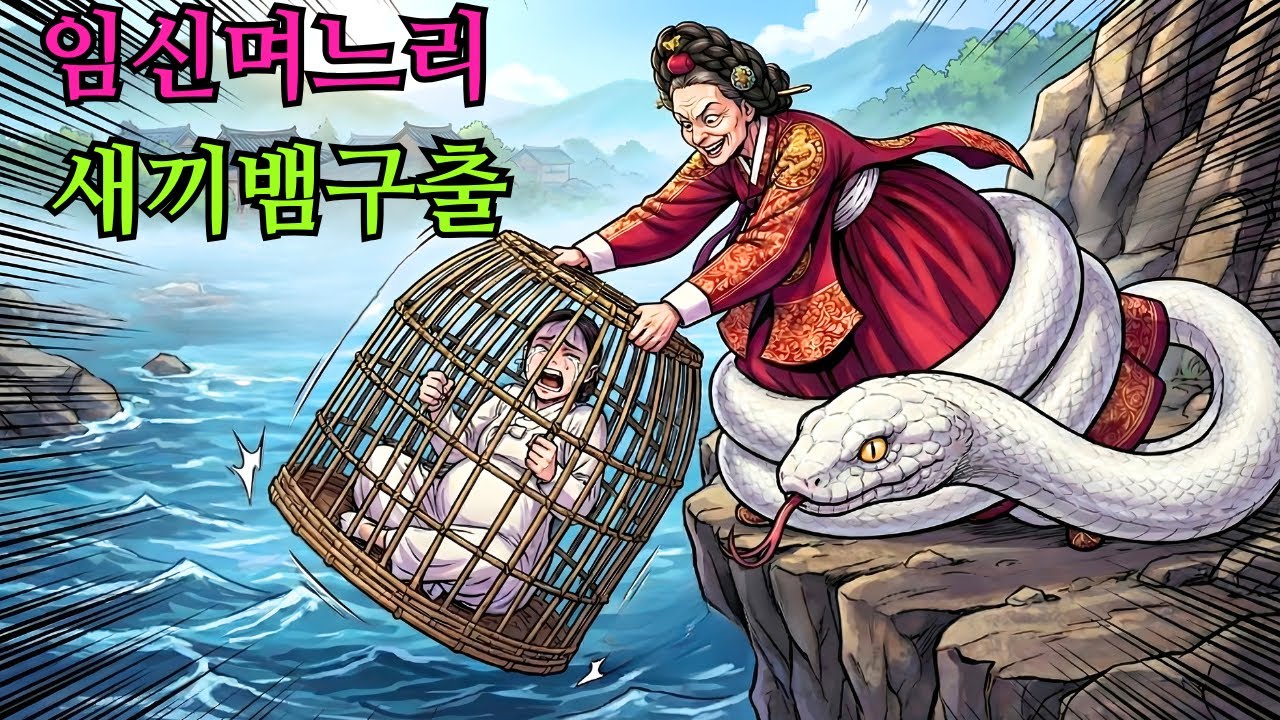 시어머니는 임신한 며느리를 우리에 가두고 강에 던져버리려 했는데, 새끼 뱀 한 마리가 용감하게 시어머니의 다리에 몸을 감았다.|민담 |전설 |설화 |옛날이야기 |오디오북