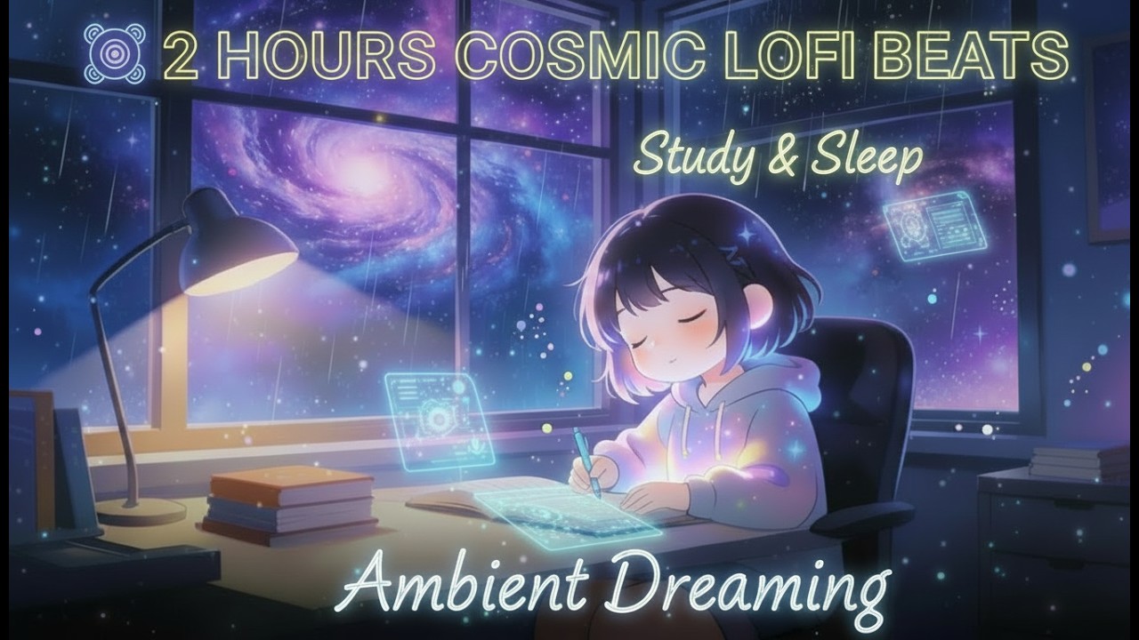 anime girl focused work | beautiful galaxy window