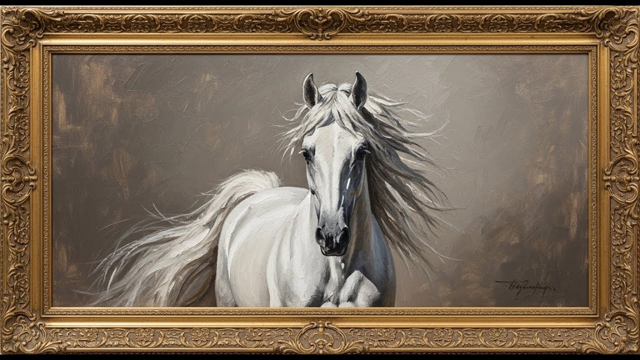 Frame TV Art: Majestic White Stallion in Dramatic Oil Painting | 4K Ambient Art